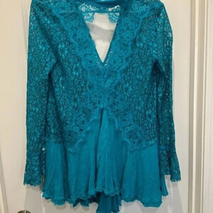 🍀 Free People Tell Tale Ocean Blue Tunic/Dress size XS EUC